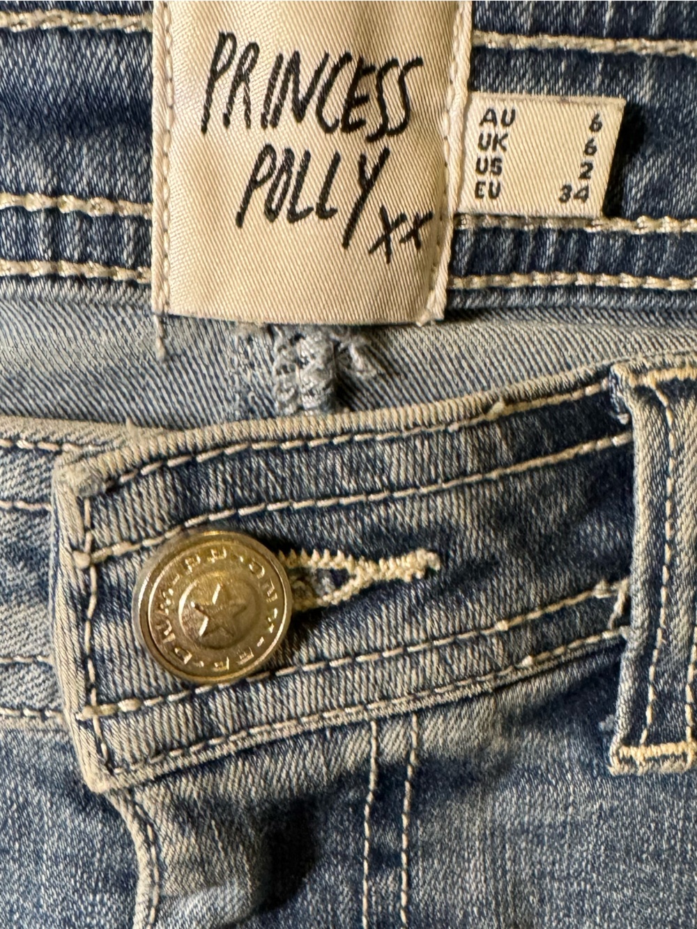 Princess Polly Denim Cargo Mini Skirt Blue Low Rise Utility Pocket Stretch Sz 2 - Picture 7 of 7